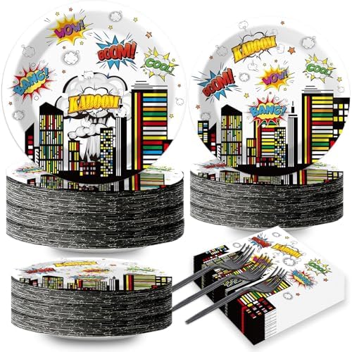 200pcs Super Party Plates Napkins Forks Hero Theme Party Tableware Set Hero Action Sign Party Disposable Paper Dessert Cake Dinnerware Boy Girl Happy Birthday Party Baby Shower Decor Supplies Serve 50 by Naozinebi