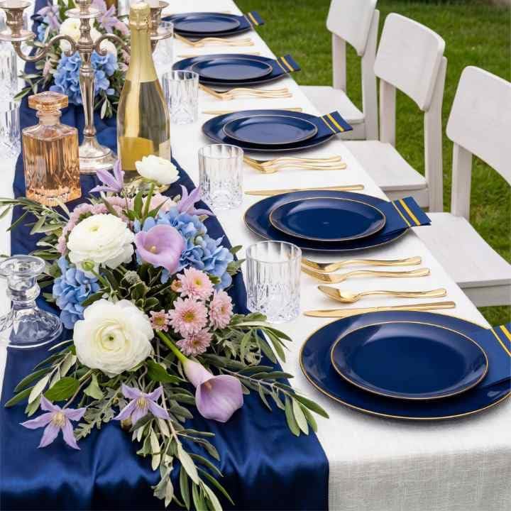 NOCCUR 350PCS Navy Blue Plastic Plates - Blue Disposable Dinnerware Set for 50 Guests, 100 Dinner/Dessert Plates, 150 Gold Silverware, 50 Cups&50 Napkins for Party/Wedding/Graduation/Independence Day - Image 6