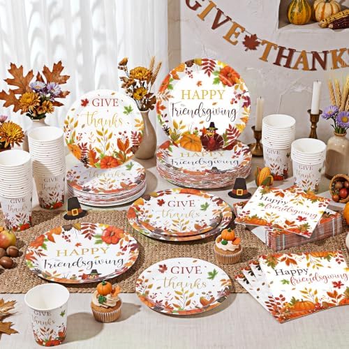 Pickmesh 250 Pcs Happy Friendsgiving Party Decorations Give Thanks Paper Plates Napkins and Cups Fall Pumpkin Disposable Tableware Set for Autumn Harvest Thanksgiving Farmhouse Party Supplies Serve 50 - Image 6