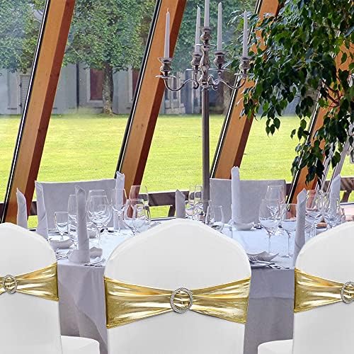 Spandex Gold Chair Sashes Bows 50 Pack Stretch Chair Bands with Buckles Elastic Slider Chairs Ties for Wedding Decorations Party Reception Events Banquet Decor - Metal Gold - Image 5