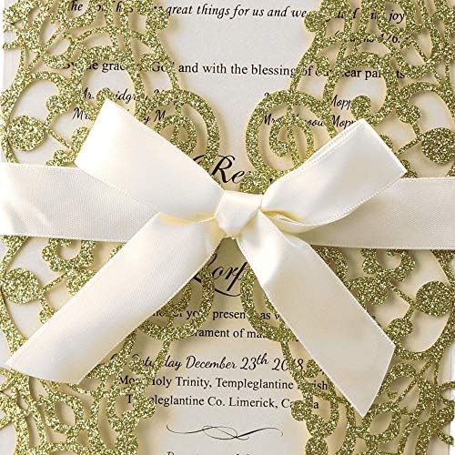 Hosmsua 50PCS Gold Glitter Laser Cut Lace Wedding Invitations Cards with bowknot 5.12 x 7.3''Invitation Pockets for Wedding Bridal Shower Engagement Birthday Graduation Invite (Gold Glitter) - Image 6
