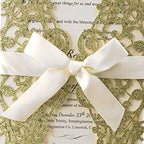 Hosmsua 50PCS Personalized Gold Glitter Laser Cut Flora Lace Wedding Invitations with Bowknot & Envelopes 5.12 x 7.3'' Bridal Shower Engagement Birthday Quincenera Invitation (Gold Glitter) - Image 6