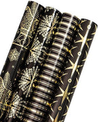 WRAPAHOLIC 30 Inch Christmas Wrapping Paper Roll - Jumbo Roll Black Gold Christmas Sleigh Holiday Design with Metallic Foil Shine - 4 Rolls - 30 Inch x 120 Inch Per Roll by WRAPAHOLIC