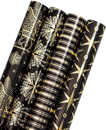 WRAPAHOLIC 30 Inch Christmas Wrapping Paper Roll - Jumbo Roll Black Gold Christmas Sleigh Holiday Design with Metallic Foil Shine - 4 Rolls - 30 Inch x 120 Inch Per Roll by WRAPAHOLIC