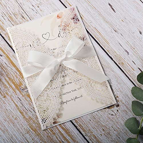 5.12x7.28 Inch 50PCS Blank White Wedding Invitations Kit Laser Cut Hollow Lace Pocket and Bowknot Quinceanera Invitation Cards with Envelopes for Wedding Birthday Invite - Image 3