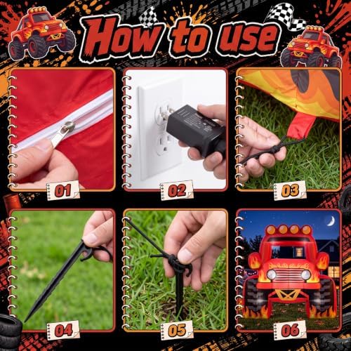 Junkin 6 x 5 FT Monster Truck Inflatable Photo Booth Frame with LED Lights, Giant Racing Truck Photo Prop, Birthday Party Decorations, Baby Shower Decor, Racing Theme Party Supplies(Flame,Red) - Image 4