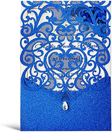 Hosmsua 50PCS Wedding Invitations Cards 5 x 7.3 Inch Laser Cut Hollow Rose Invitation with Rhinestone for Bridal Shower Engagement Quinceañera (Royal Blue Glitter) by Hosmsua