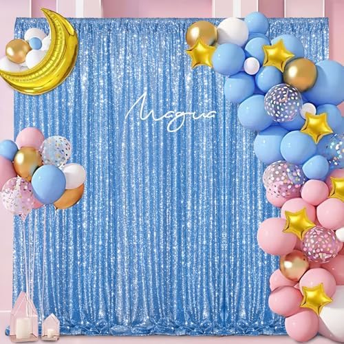 Baby Blue Glitter Sequin Backdrop Curtains 2 Pcs 5FTx10FT Baby Shower Party Backdrop for Boy Gorgeous Photography Fabric Drapes by SoarDream