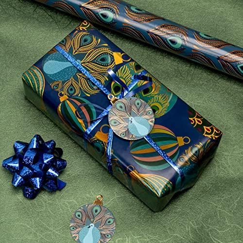 WRAPAHOLIC Peacock Christmas Wrapping Paper Set - Green Peacock Elements Patterns with Metallic Foil Shine Wrapping Paper Bundle with Gift Bow & Ribbon & Tag & Sticker - Image 6