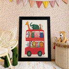 Black Framed Cute Colorful Animal Canvas Wall Art Modern Funny Kids Posters Safari Animals On Red Bus Scene Prints For Toddler Bedroom Nursery Wall Decor 12x16 inch - Image 3