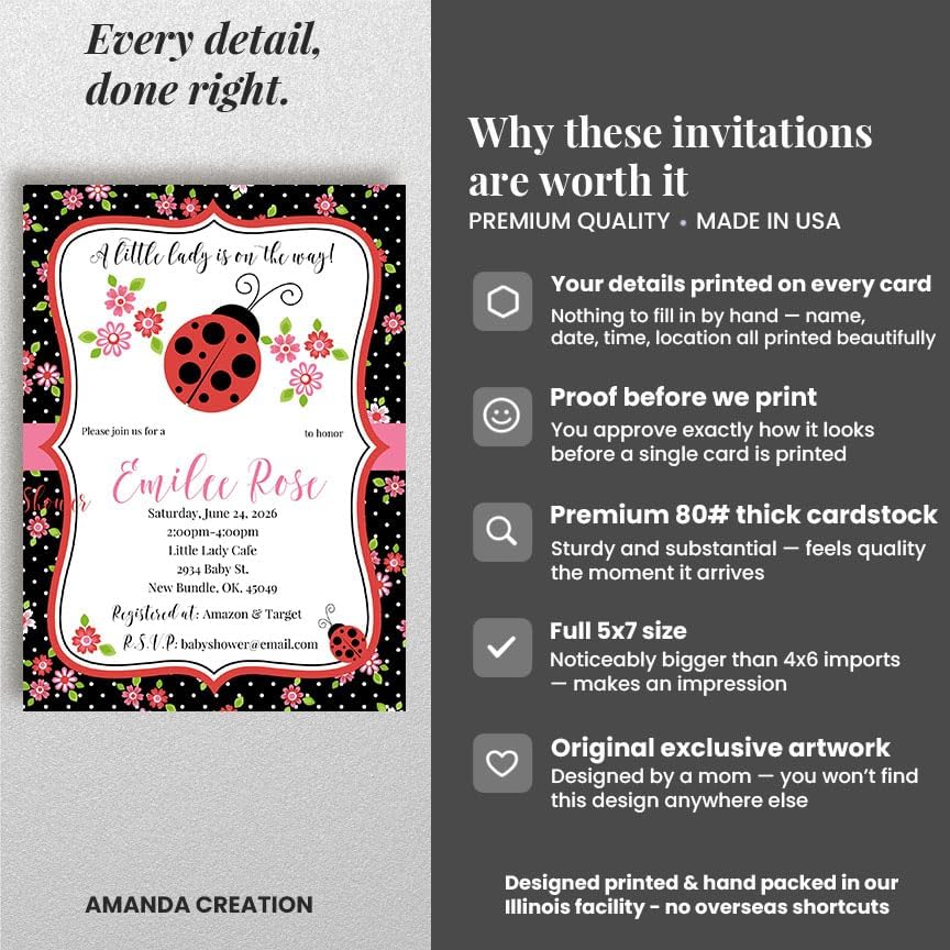 50 Custom Baby Shower Invitations with Envelopes – Personalized Little Lady Red Ladybug 5x7 Invite Set | Fully Customizable, Proof Included, Customizable Kit of Matching Thank You Cards, Stickers & Diaper Raffle Tickets | Made in USA - Image 4