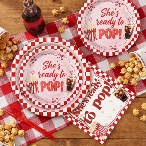 FoldTier 250 Pcs She's Ready to Pop Baby Shower Decorations Paper Plates and Napkins Cups Red and White Tableware Set for 50 Guests Disposable for Baby Shower Gender Reveal Birthday Party Supplies - Image 2
