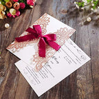 Hosmsua 50PCS Personalized Laser Cut Invitation Cards with Burgundy Bowknot and Envelopes 5.12 x 7.3'' Lace Flora Wedding Invitations for Bridal Shower (Rose Gold, Customized Printed) - Image 2