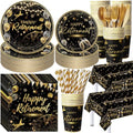 Potchen 452 Pcs Happy Retirement Plates Napkins Party Supply, Black Gold by Potchen