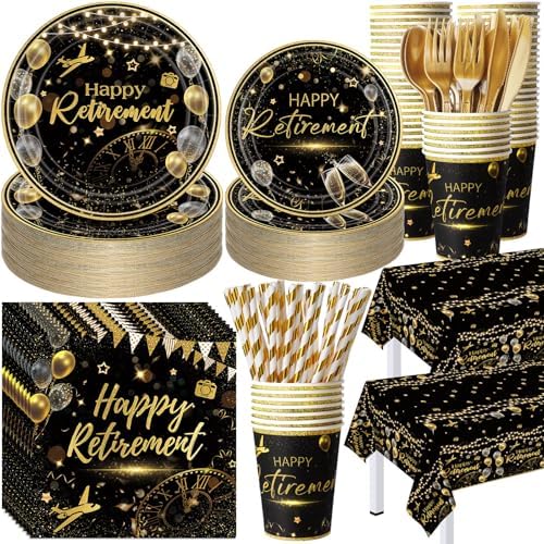 Potchen 452 Pcs Happy Retirement Plates Napkins Party Supply, Black Gold by Potchen