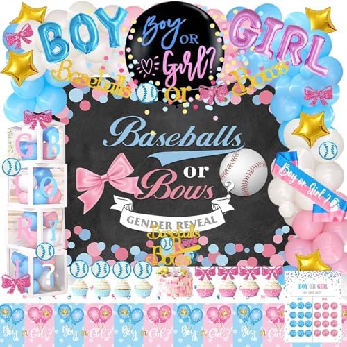 Hombae Baseball or Bows Gender Reveal Decorations, 171 PCs Boy or Girl Gender Reveal Decorations Backdrop Balloon Garland Banner Tablecloth Cake Cupcake Topper Box Cutout Poster Sash Pink Blue by Hombae