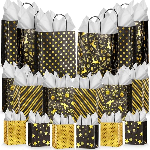Humyoun 18 Pack Christmas Paper Gift Bags Bulk Assorted Sizes, Black, Gold by Humyoun