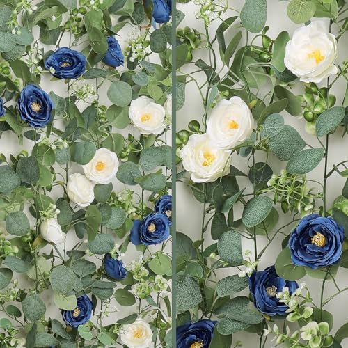TOCHGREEN 4 Pack Artificial Eucalyptus Flower Garland with White Blue Roses - Image 6