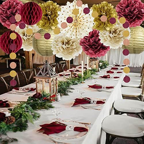 Burgundy and Gold Party Decorations Maroon Gold Burgundy Paper Pom Poms Lanterns Glitter Dots Hanging Garland for Birthday Bridal Shower Bachelorette Graduation Party Decor (Pack of 2) - Image 4
