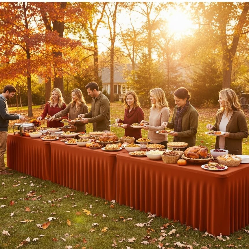 HolidayIdeas 4 Pack Rust Spandex Table Skirts 8ft Fall Tablecloths Ruffle - Image 4