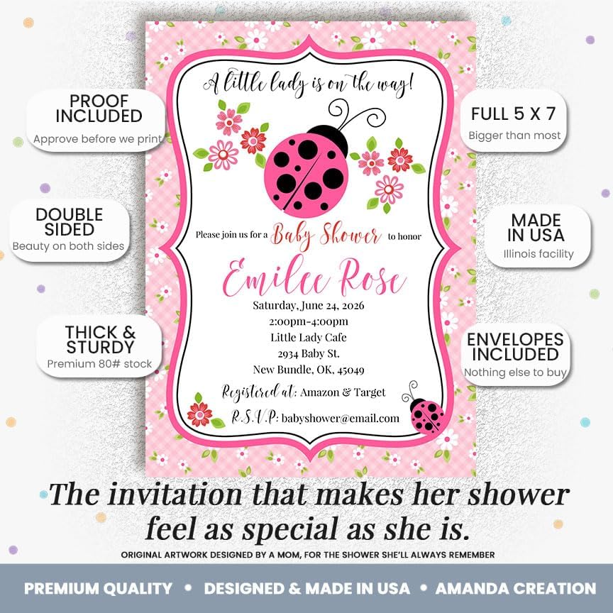 20 Custom Baby Shower Invitations with Envelopes – Personalized Little Lady Pink Ladybug 5x7 Invite Set | Fully Customizable, Proof Included, Customizable Kit of Matching Thank You Cards, Stickers & Diaper Raffle Tickets | Made in USA - Image 2