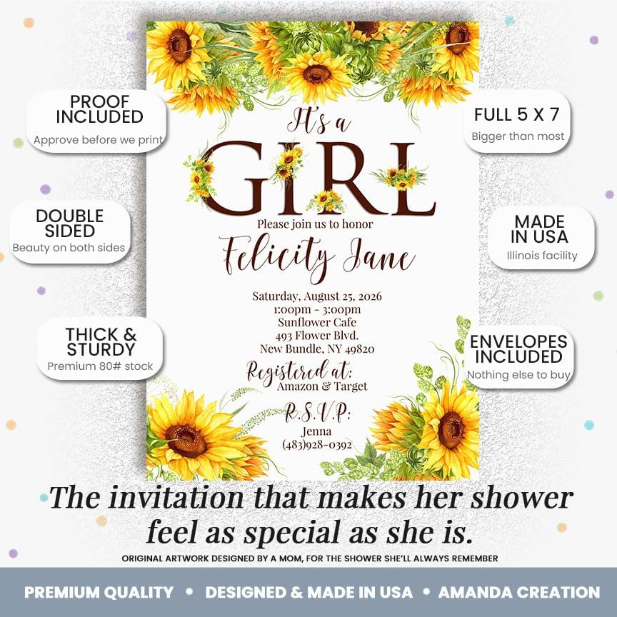 Amanda Creation Sunflower Baby Shower Invitations for Girl, It's a Girl Floral Design, Personalized Baby Shower Invitations, 50 Personalized 5x7 Double-Sided Cards with White Envelopes, Made in USA - Image 2