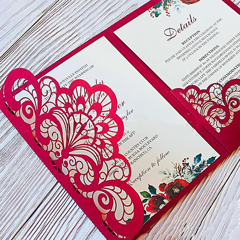 NC 50 Sets Red Laser Hollow Tri-fold Luxury Invitation Card for Wedding Invitation Holiday Dinner Party Invite Card (Red, Whole set) - Image 5