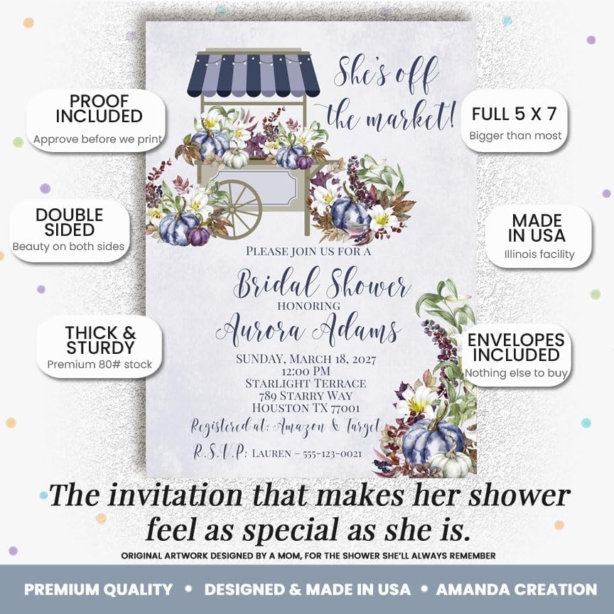Off the Market Bridal Shower Invitations with Purple Pumpkins – 30 Personalized Rustic Fall Floral 5x7 Cards with Thirty Envelopes – Custom Autumn Wedding Shower Invites by AmandaCreation - Image 2
