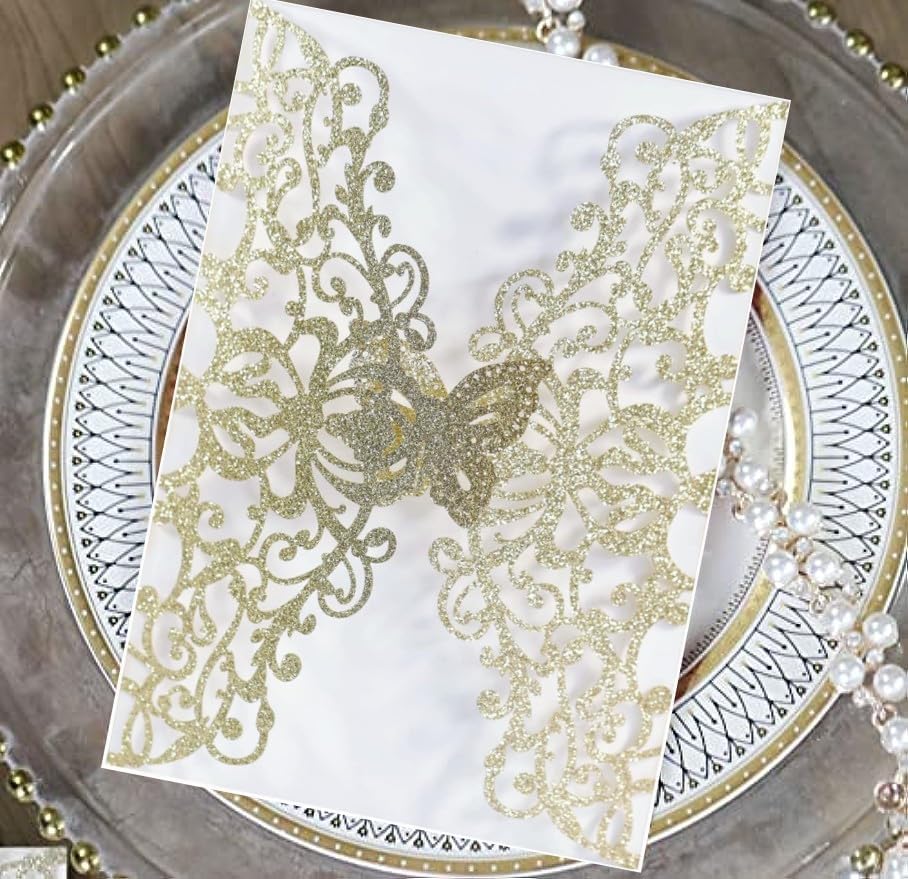 50sets Glitter Laser Cut Lace Flora Wedding Invitation Cards with Butterfly and Envelopes for Bridal Shower Engagement Quinceañera Wedding Invite (Only invitation Cards, Glitter Light Gold) by Cylallen