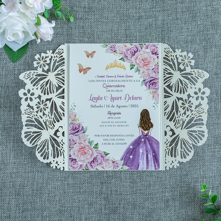 20 PCS 5.12x7.2 Butterfly Personalized Quinceanera Invitation, Customized XV Anos Laser Cut Invitation Cards with Envelopes (Purple Glitter Personalized) - Image 3
