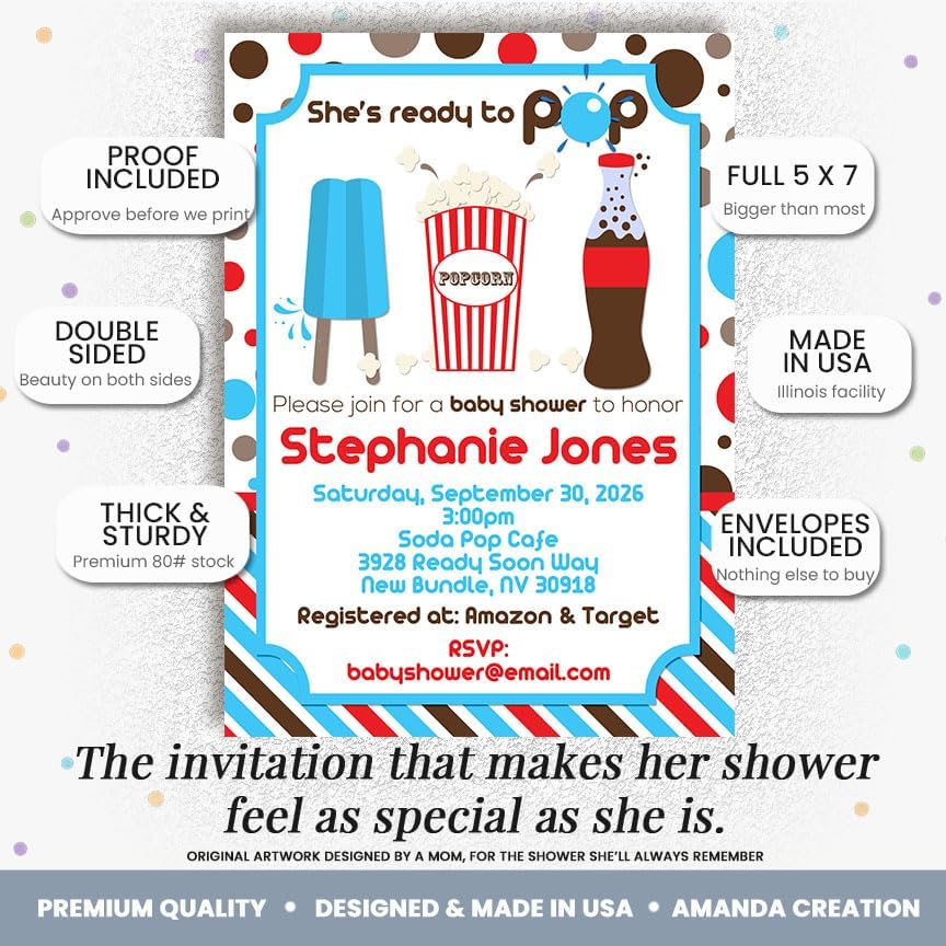 Amanda Creation She's Ready to Pop Baby Shower Invitations, Ready to POP Baby Shower Invites, 20 Personalized 5x7 Double-Sided Cards with White Envelopes, Made in USA - Image 2