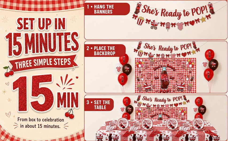 111Pcs She's Ready to Pop Baby Shower Decorations, Soda Pop Baby Shower Party Supplies for 24 Guests with Mom-to-Be Soda Bottle Backdrop, Banner, Balloons, Plates, Napkins and Forks - Image 5
