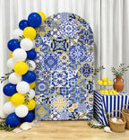Mediterranean Blue White Tile Arch Backdrop Cover, 7.2x4ft Azulejos Pattern Arched Background for Birthday Party, Baby Shower, Wedding, Bridal Shower, Stretch Fabric Cover (Stand Not Included) - Image 3