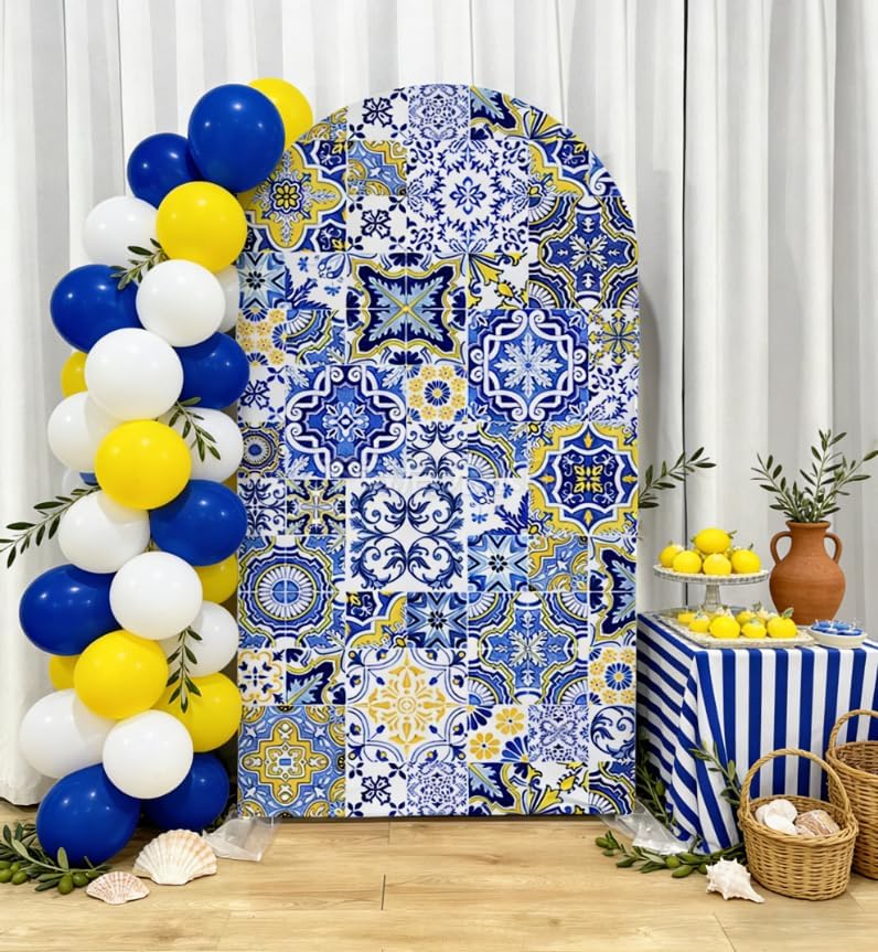 Mediterranean Blue White Tile Arch Backdrop Cover, 7.2x4ft Azulejos Pattern Arched Background for Birthday Party, Baby Shower, Wedding, Bridal Shower, Stretch Fabric Cover (Stand Not Included) - Image 3