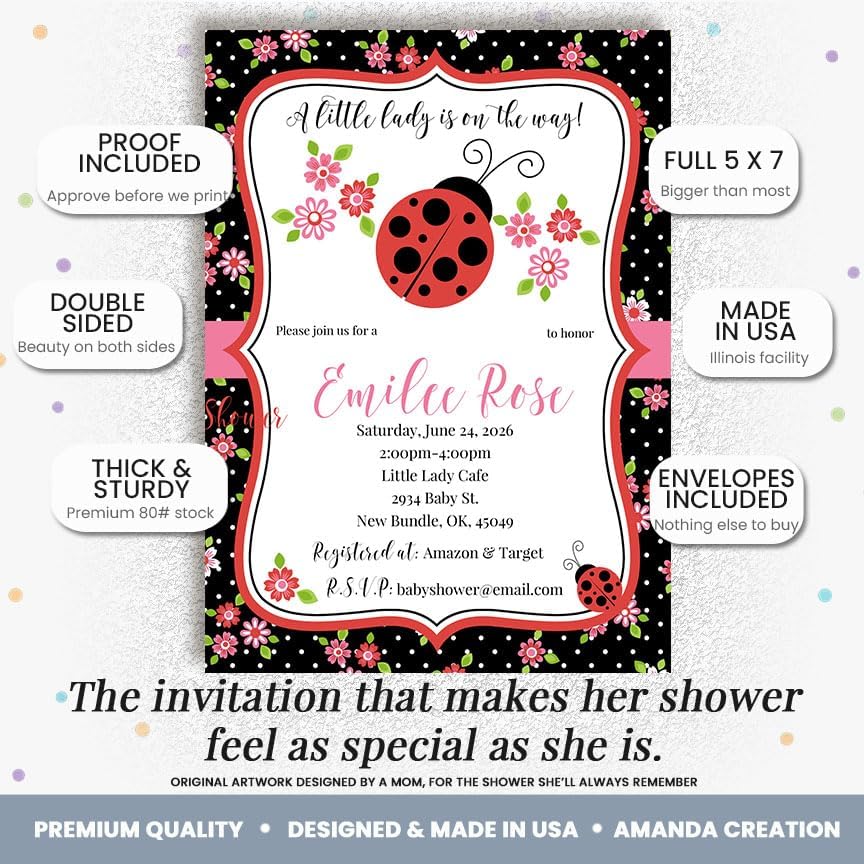 30 Custom Baby Shower Invitations with Envelopes – Personalized Little Lady Red Ladybug 5x7 Invite Set | Fully Customizable, Proof Included, Customizable Kit of Matching Thank You Cards, Stickers & Diaper Raffle Tickets | Made in USA - Image 2