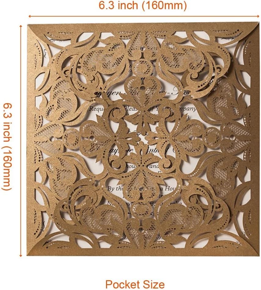 Hosmsua 50PCS Personalized Gold Wedding Invitation Pocket, 6.3x6.3 Laser Cut Flora Wedding Invitation Pockets with Envelopes for Wedding Quinceanera Sweet 16 Invite - Image 3