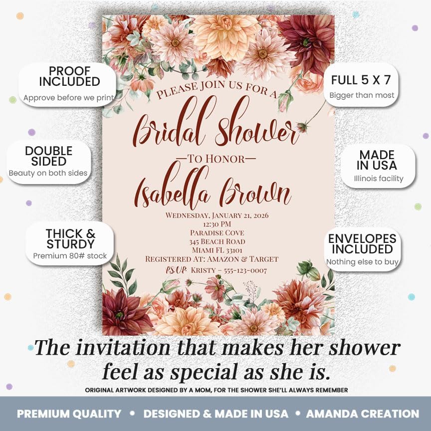Amanda Creation Fall Bridal Shower Invitations Personalized for Her, 20 5x7 Bridal Shower Invitations with Envelopes, Boho Burgundy Floral - Image 2