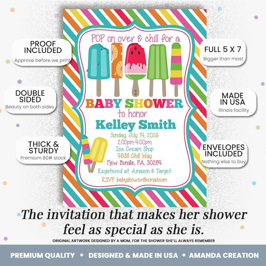 50 Custom Baby Shower Invitations with Envelopes – Personalized Popsicle Summer Chill 5x7 Invite Set | Fully Customizable, Proof Included, Customizable Kit of Matching Thank You Cards, Stickers & Diaper Raffle Tickets | Made in USA - Image 2