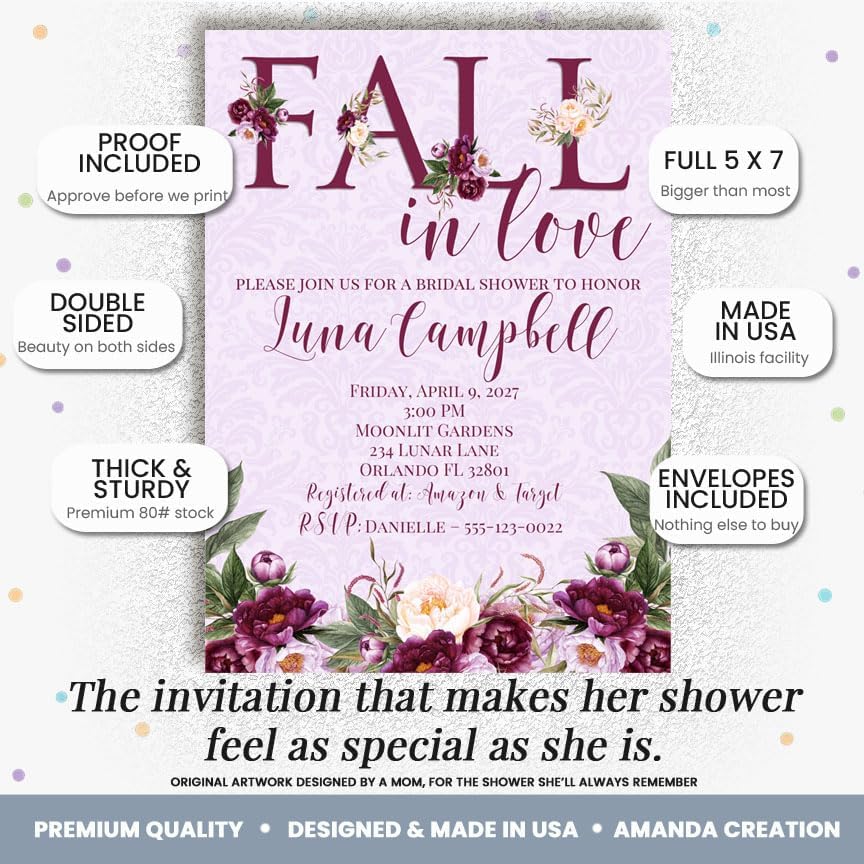 Amanda Creation Fall in Love Bridal Shower Invitations, 20 Personalized 5x7 Purple Bridal Shower Invitations with Envelopes, Purple Peony Autumn Design - Image 2