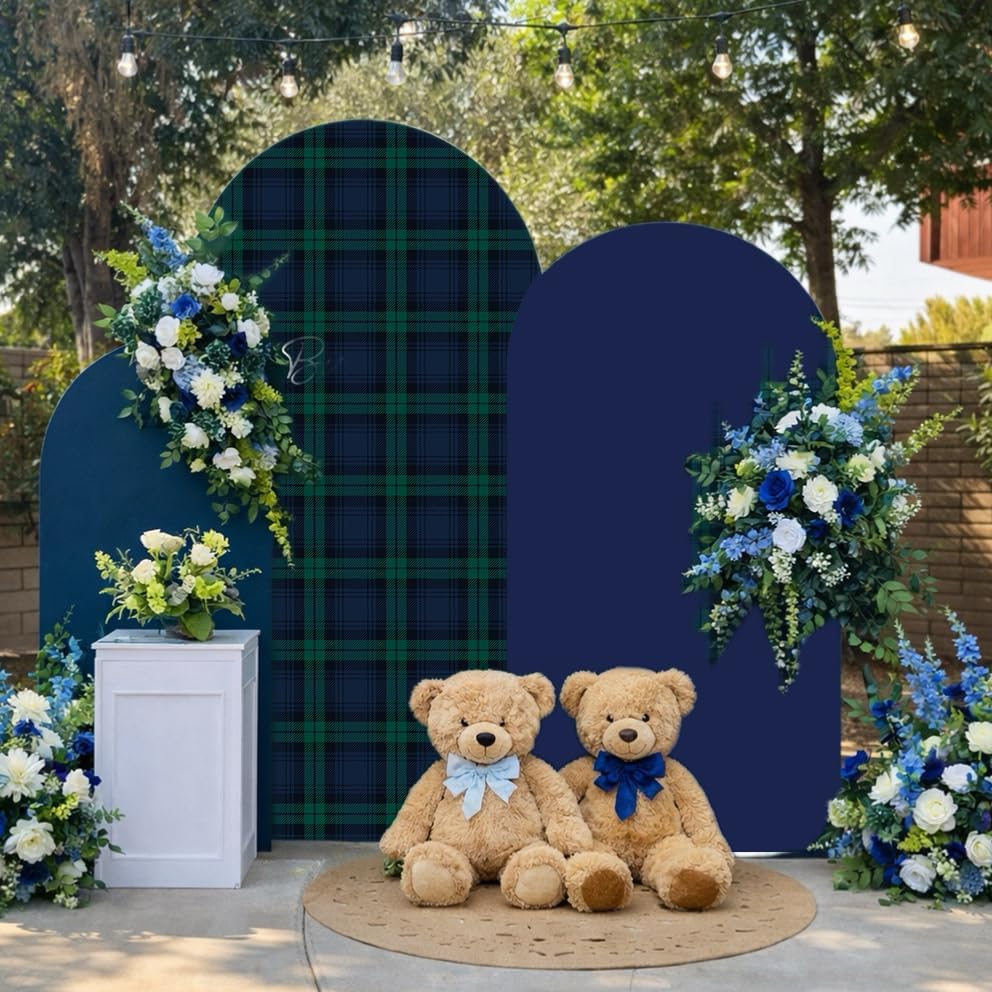 Set of 2 Arch Backdrop Cover Tartan Plaid Baby Shower Stretchy Arch Frame Cover for Bear Theme Boys Birthday Party Fiesta Decorations (6ft & 5ft,Blue) - Image 4